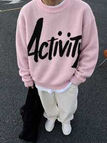 1pc Boys/Teen Boys Minimalist College Style Creative Letter Pullover Long Sleeve Knit Sweater - Pink - View 1