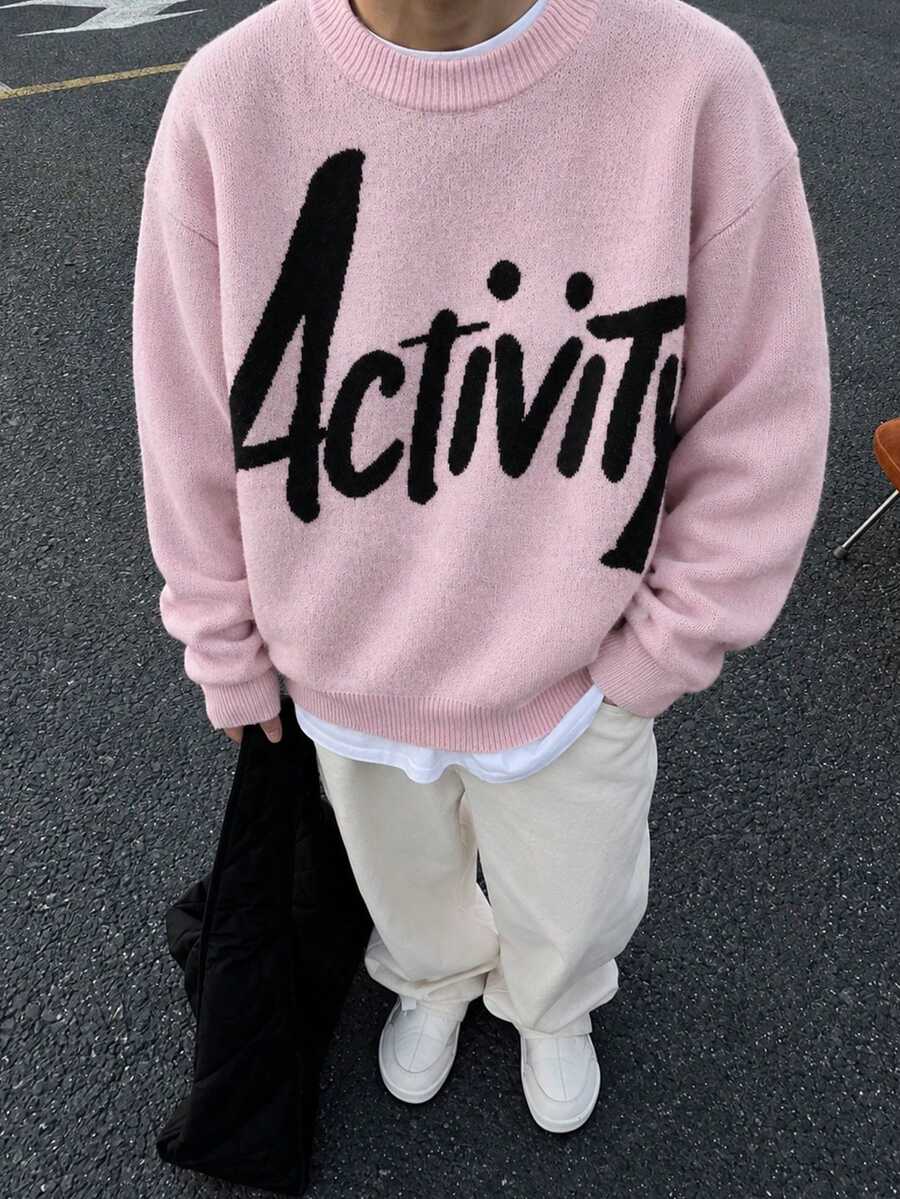 1pc Boys/Teen Boys Minimalist College Style Creative Letter Pullover Long Sleeve Knit Sweater - Pink - View 1