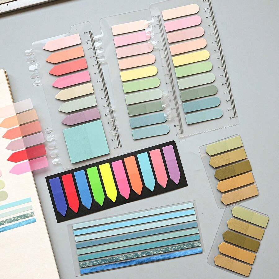 7 Sets 1 Pack Multi-Shape Index Labels, PET Material, Semi-Circle, Colorful Translucent Plastic Waterproof Fluorescent Series Marker Stickers, Student Textbook Record Tabs With Ruler, Reading Notebook Memo Stickers, School Back-To-School Supplies, Office Document Labels - one-size - View 1