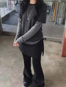 Striped Patchwork Polka Dot 2 In 1 Long Sleeve T-Shirt For Women - Grey - View 5
