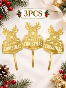 3pcs Gold Mirror Acrylic Christmas Cake Toppers, Laser Engraved Reindeer Pattern With Merry Christmas Lettering, Holiday Cake Decoration, Suitable For Christmas Party, Winter Celebration And Dessert Table - B - View 13