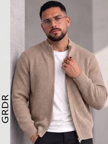 GRDR Men's Autumn/Winter Solid Color Stand Collar Zip-Up Ribbed Knit Cardigan Casual Sweater Jacket - Camel - View 2