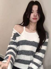 YCYC Women's 2 In 1 Striped Tank Top Patchwork Pullover Sweater, Soft Knit Loose Lazy Style Top, Autumn/Winter - Greyish White - View 2