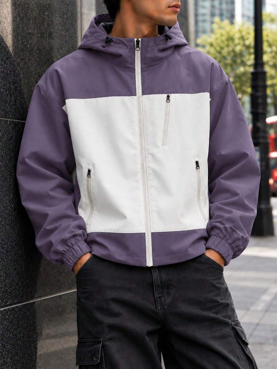 Men's Colorblock Hooded Jacket With Multiple Zipper Pockets, Outdoor Casual Style, Standard Fit, Long Sleeve - Purple - View 1