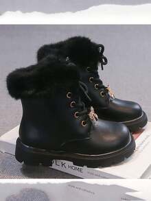 1 Pair Girls' Boots, Rhinestone Bow Fur Trim Thick Sole Warm Ankle Boots, Winter Style - Black - View 5