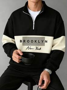 Men's Autumn/Winter Casual Fashion Versatile Colorblock Minimalist English Print Comfortable Half-Zip Long Sleeve Sweatshirt - Black - View 2