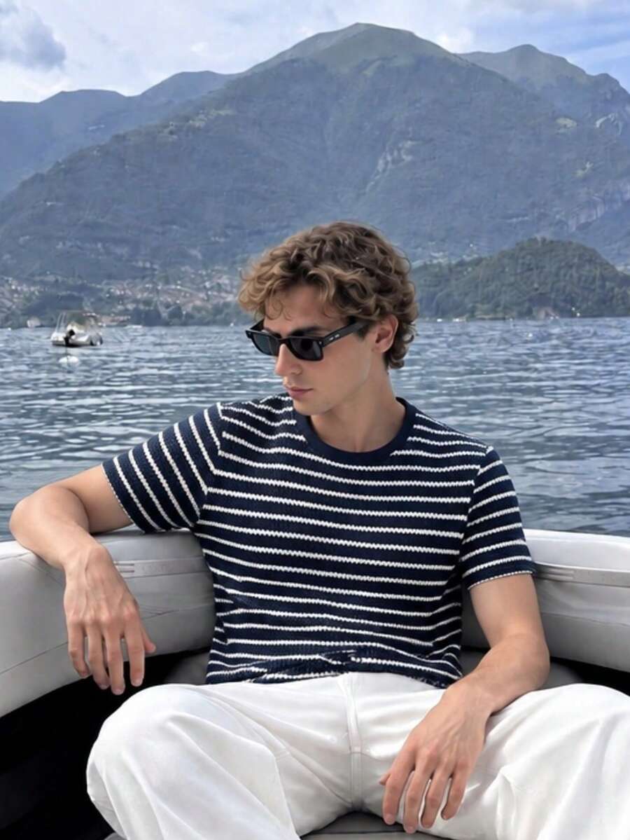 Camvyn Men's Summer Casual Versatile Striped Jacquard Slim Fit Short Sleeve Top - Navy Blue - View 1