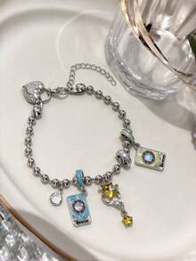 1pc Vintage Tarot Card Element Star Heart Lock Beaded Bracelet, Sweet Cool Girl Personalized Hip Hop Style Versatile Alloy Hand Jewelry Accessory - Multicolor - View 2