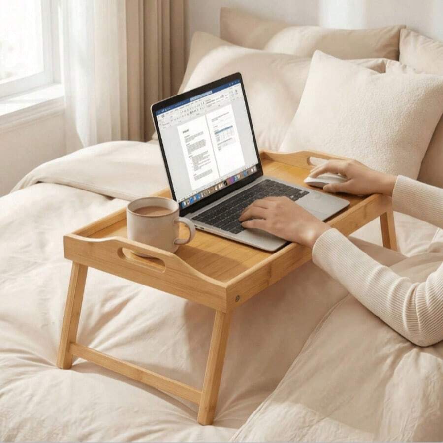 Mini Foldable Multi-Function Wooden Tray Table For Home Bedroom Bed Use, Simple Bamboo Laptop Desk - Multicolor - View 1