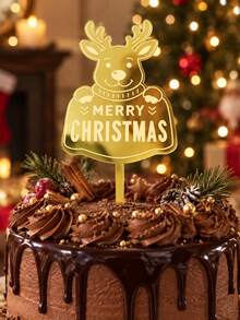 3pcs Gold Mirror Acrylic Christmas Cake Toppers, Laser Engraved Reindeer Pattern With Merry Christmas Lettering, Holiday Cake Decoration, Suitable For Christmas Party, Winter Celebration And Dessert Table - B - View 6
