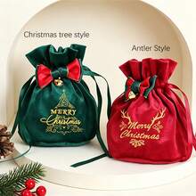 Christmas Velvet Drawstring Pouch With Bow And Bell, Gold Foil Gift Bag, Christmas Eve Apple Bag, Candy Storage Bag, Holiday Gift Packaging Bag, Drawstring Elastic Bag, Holiday Party Favor Bag - Multicolor - View 10
