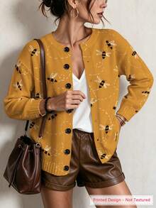 ASHKATIA Yellow Bee Pattern Women's Plus-Size Vintage Cardigan Sweater, Fall Winter Knit For Social Occasions - Multicolor - View 5