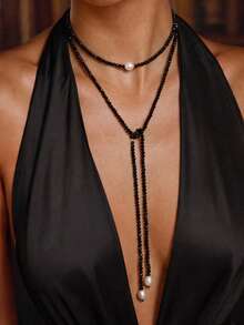 1pc French Vintage Resin Black & White Contrast Beaded Stackable Y-Shaped Necklace, Suitable For Women's Daily Autumn/Winter Commute, Coat, Date, Party Wear - Black - View 1