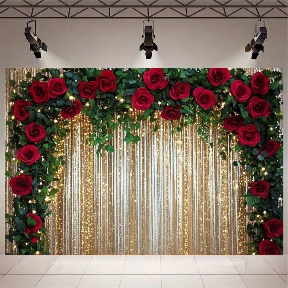 2D Flat Banner 1pc Gold Glitter Background With Red Roses And Green Leaves - Silk Arch, Suitable For Wedding, Bridal Shower, Anniversary And Party - Versatile Photo Backdrop, No Electricity Required