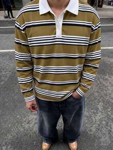 1pc Tween Boys Minimalist Preppy Striped Long Sleeve Loose Fit Polo Shirt - Multicolor - View 6