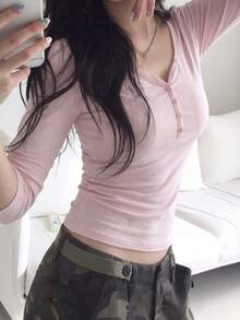女款素色休閒長袖T恤，適合日常穿著 - 粉色 - 查看 5