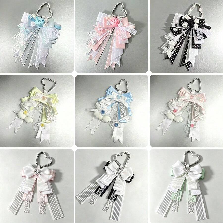 1pc Heart Buckle Satin Ribbon Bow Bag Charm, Lace Long Ribbon Polka Dot Woven Tape Anime Cosplay Live Concert Lolita Ita Bag Idol Support Fabric Rose Plush Wing Decoration Accessory Sweet Style Otaku Collection Handmade Peripheral Ornament - A - View 1