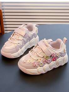 1 Pair Girls Cute 3D Flower Hook & Loop Chunky Sneakers, Soft Sole Thick Bottom Casual Sports Sneakers, All Season - Pink - View 2