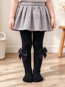 1pc Baby Girl Sweet Large Bow Knitted Tights, Children's Ribbed High Elastic Base Tights, Suitable For Girls' Daily Versatile Wear - Black - View 4