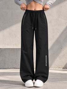 Women Black Wide Leg Pants With Elastic Drawstring Waist And Zipper Pockets Casual Loose Fit Full Length Trousers - Black - View 7