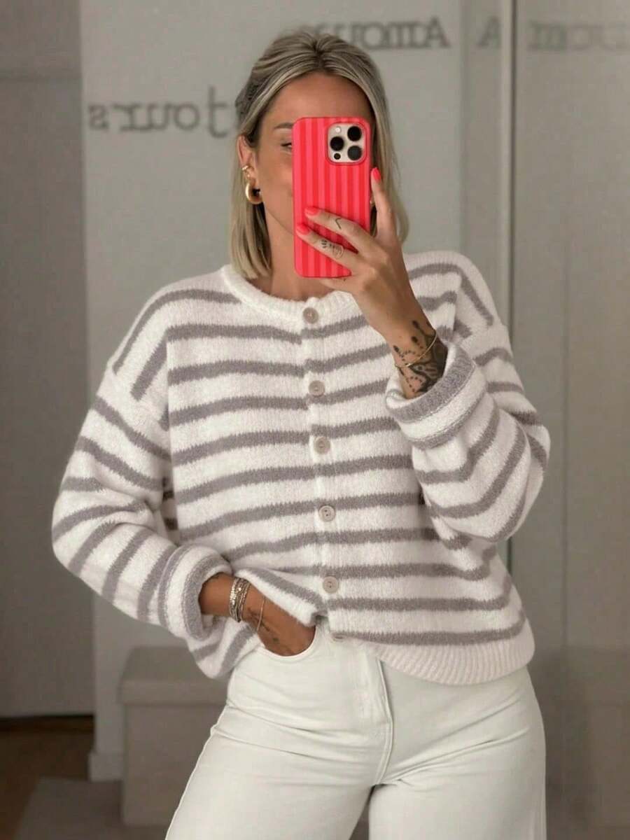 Women's Plus Size Vintage Striped Cardigan, Casual Daily Wear, Suitable For Dating, Shopping, Spring, Autumn And Winter - Khaki - View 1