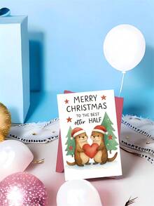 1pc Sweet Christmas Card For Partner, Husband, Wife – Playful Otter Cartoon Illustration, Romantic Holiday Greeting, Thickened, With Envelope - A - View 9