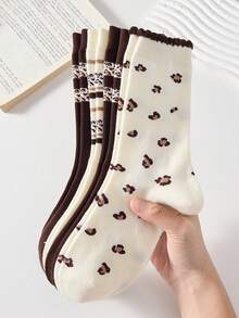 2 Pasang Kaos Kaki Pendek Wanita Motif Leopard, Putih dan Krem, Panjang Setengah Betis, Cocok untuk Musim Gugur/Dingin - MultiWarna - View 4
