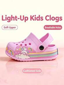 Girls Children LED Light-Up Unicorn Clogs, Rainbow Flashing Slip-On Beach Shoes, Breathable Perforated Clogs, DIY Clogs - Pink - View 4