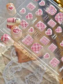 3D 浮雕粉色格紋愛心美甲貼紙，亮片格紋仿珍珠邊框 Love 文字自黏式美甲貼花，甜美學院風透明底 DIY 美甲裝飾貼片 - 彩色 - 查看 5