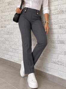 Pantalón semientubado para mujer, elegante y casual. Colores lisos sin estampados. Ajuste de cintura natural, cordón ajustable. Botones decorativos en la cintura. Bolsillos funcionales. - Gris - Ver 7