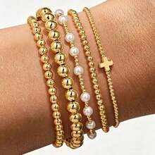 5pcs Bohemian Handmade Beaded Cross Pearl Gold CCB Beaded Bracelet Set, Suitable For Daily, Vacation, Commuting Wear, Gift For Friends And Girlfriend - Yellow Gold - View 1