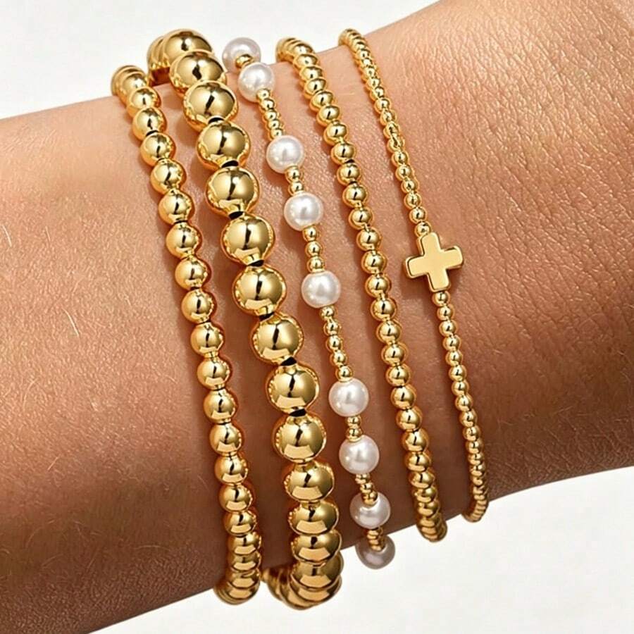 5pcs Bohemian Handmade Beaded Cross Pearl Gold CCB Beaded Bracelet Set, Suitable For Daily, Vacation, Commuting Wear, Gift For Friends And Girlfriend - Yellow Gold - View 1