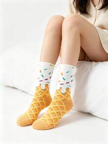 1/5 Pairs Sweet Girl Style Melting Ice Cream Cone Pattern Mid-Calf Socks, Colorful Sprinkles Design, Fun Cartoon Socks For Autumn New Arrival, Daily Wear - Multicolor - View 10