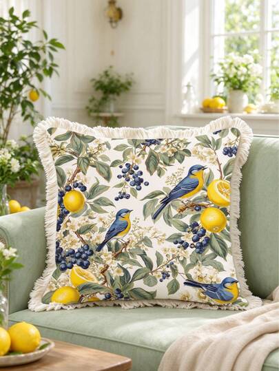 1PC French Country Lemon Blueberry Bird Botanical Print Tassel Square Throw Pillow Cover, Double-Sided Printing,Vintage Floral Fruit Bird Cushion Case For Sofa Bedroom Home Decor(Excluding Pillow Core)-Size Excludes 3cm Tassels