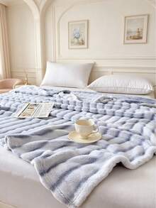 1pc Striped Print Faux Rabbit Fur Blanket, Soft Comfortable Warm Blanket For Home Decor, Suitable For Bed, Sofa, Office, Room Decoration, Dorm, Machine Washable - Blue and White - View 5