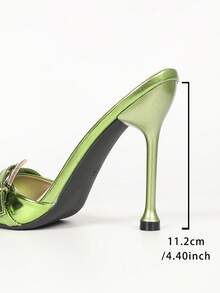 Women Pointed Front High Heel Mules, Metallic Green Finish, Rhinestone Buckle Strap, Slip On Design, Stiletto Heel, Night Out Party Shoes - Green - View 7