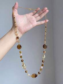 Earth Tone Beaded Sweater Chain For Women, Mixed Stone Beads Long Necklace, Bohemian Autumn Accessory - Multicolor - View 2