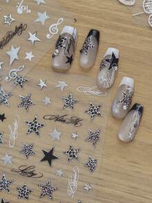 3D Embossed Leopard Star Nail Art Stickers, Black Silver Star Cursive Script Musical Note Self-Adhesive Nail Decals, Retro Y2K Transparent Base Nail Sliders For DIY Nail Decoration - Multicolor - View 5