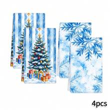 Blue Snowflake Christmas Tree Print Kitchen Towel, Gold Star Gift Box Winter Snow Scene Pattern Hand Towel, Fresh Ice And Snow Christmas Style Dish Cloth Tea Towel, Suitable For Kitchen Cooking, Baking, Cleaning And Wiping, Christmas Home Decor, Christmas Winter Party Housewarming Holiday Gift - Multicolor - View 8