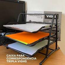Suporte Organizador de Documentos Papel A4 com 3 Bandejas Preto - Retângulo - Visão 7
