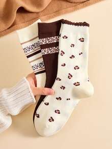 2 Pasang Kaos Kaki Pendek Wanita Motif Leopard, Putih dan Krem, Panjang Setengah Betis, Cocok untuk Musim Gugur/Dingin - MultiWarna - View 5