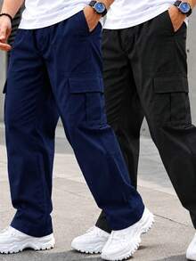 2pcs Teens/Boys' Casual Sports Outdoor Straight Leg Cargo Pants With Large Pockets, Solid Color, Spring & Autumn - Navy Blue - View 7
