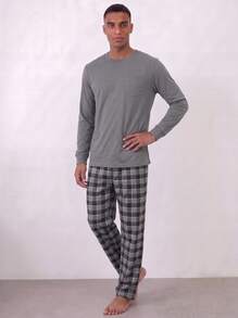 Snug League 2pcs Men's Plus Size Casual Loose Minimalist Pullover Sweatshirt With Pockets & Plaid Lounge Pants Pajama Set, Suitable For Spring - Light Grey - View 7