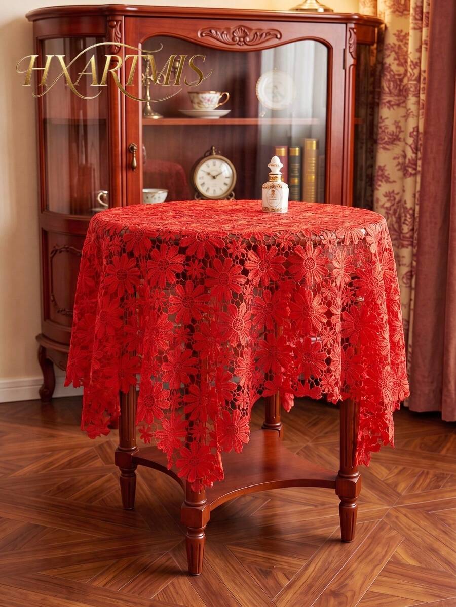 HXARTMIS 1PC White & Coffee Dual-Color Daisy Hollow Crochet Lace Rectangular Tablecloth, Sheer Mesh Floral Table Cover With Wavy Edge, Suitable For Wedding, Tea Party, Kitchen - Red - View 1