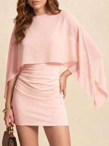 Solid Color Batwing Sleeve Patchwork Lightweight Elegant Party Dress, 2-In-1/Deconstructed Style, Suitable For Evening Party, Date, Vacation, Back To School, Birthday Party, Daily Wear, First Day Of School - Pink - View 5