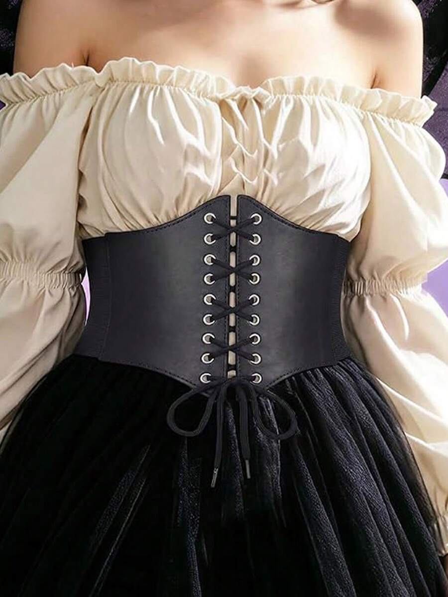 1件女款黑色收腰束腹帶，修身繫帶彈性腰帶，簡約風格適合日常穿著