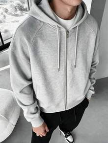 Men's Full Zip Hoodie, Casual Loose Fit, Zip-Up Hooded Sweatshirt Jacket - Light Grey - View 4