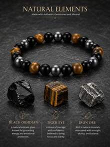 2/4pcs Men Beaded Stackable Bracelet Set, Tiger Eye & Obsidian Hematite Stone, Minimal Retro Casual Style, Bead Wristband, All Season Daily Accessory - Multicolor - View 1