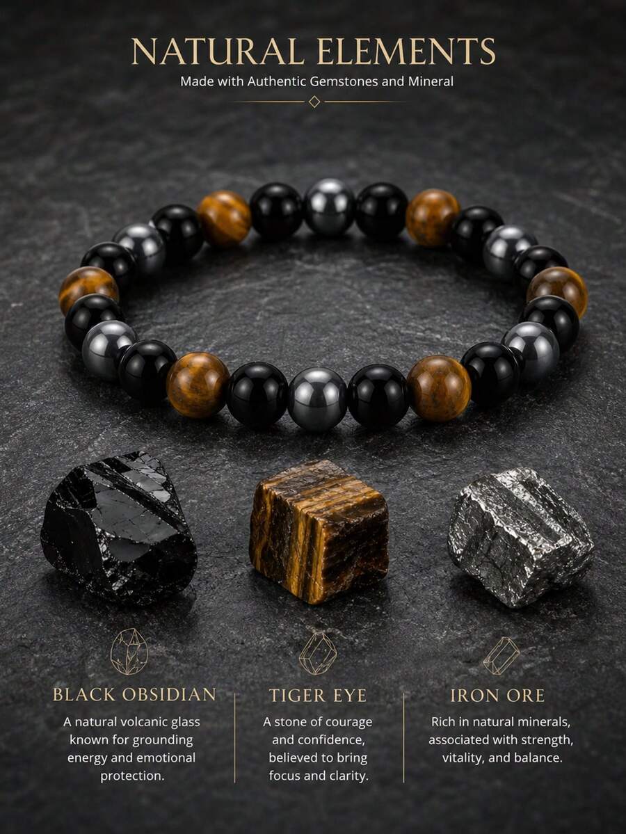 2/4pcs Men Beaded Stackable Bracelet Set, Tiger Eye & Obsidian Hematite Stone, Minimal Retro Casual Style, Bead Wristband, All Season Daily Accessory - Multicolor - View 1