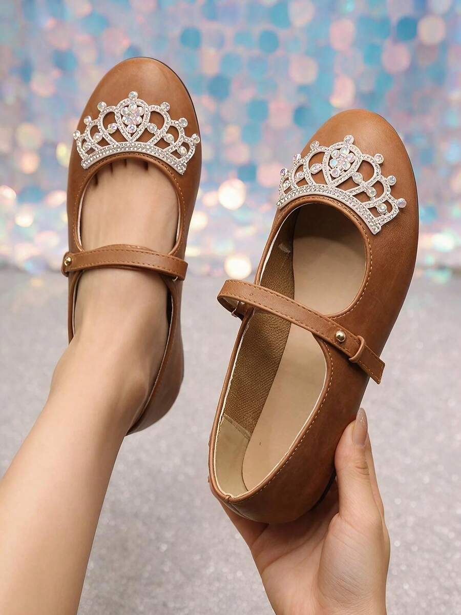 Elegant Rhinestone Crown Decor One-Strap Mary Jane Women's Shoes, Exquisite Rhinestone Embellishment, Soft Round Toe, Daily Wear, Sweet And Energetic Vibe Shoes - Light Brown - View 1